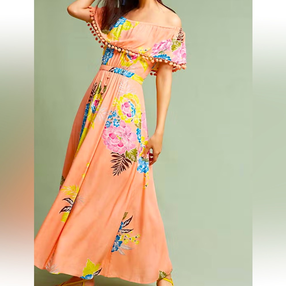 NEW FARM Rio Pom Pom Off-The-Shoulder Maxi Dress in Peach
